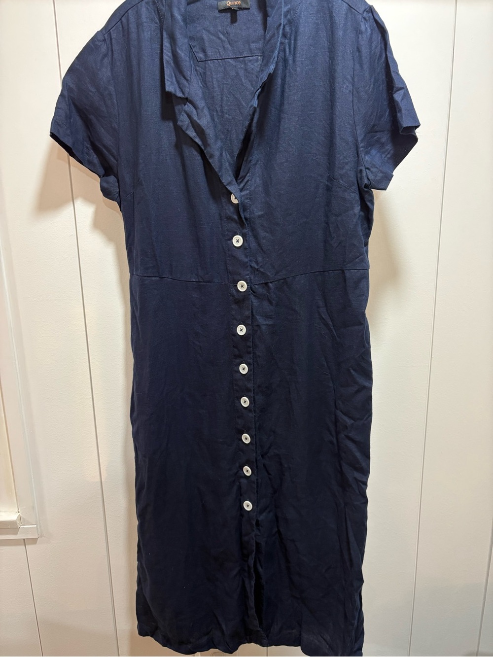Quince 100% European Linen Button Front Dress Navy Basic Sleeved Large No Belt